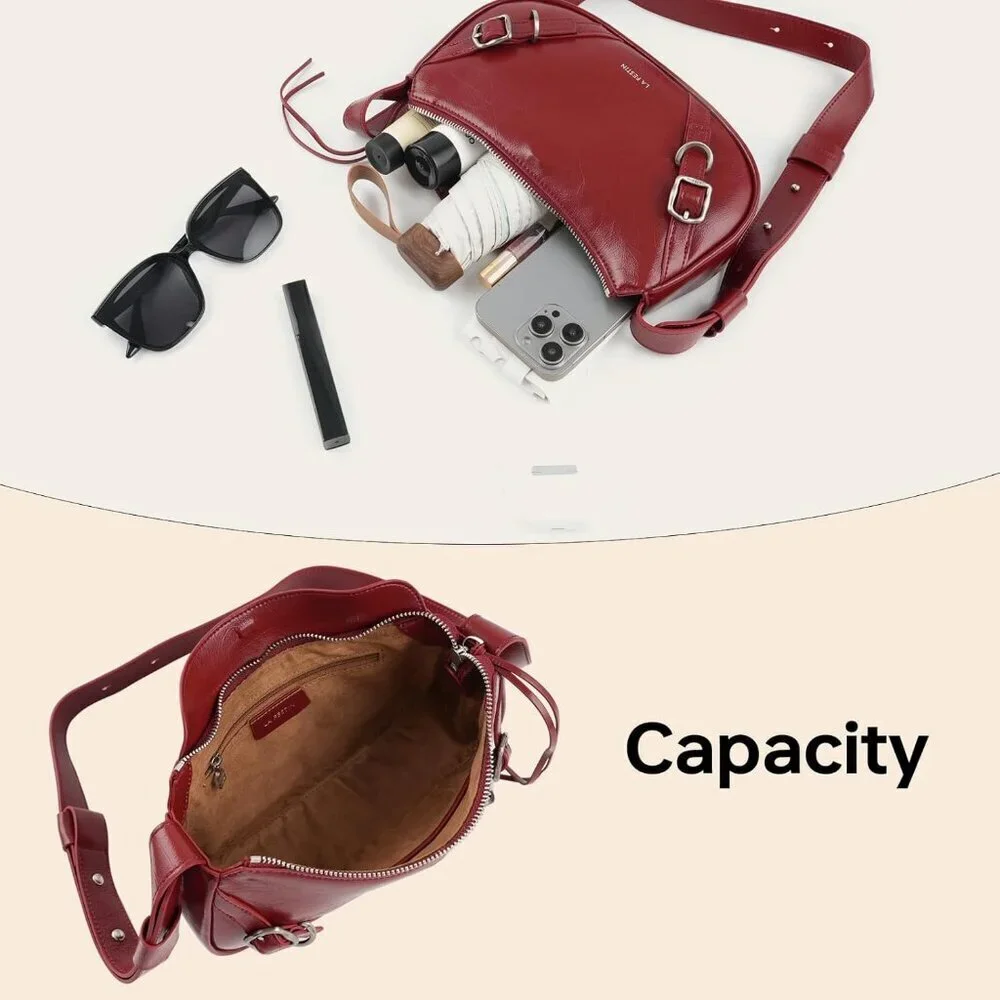 Women Red Soft Leather and polyester Hobo Bag with Adjustable Strap